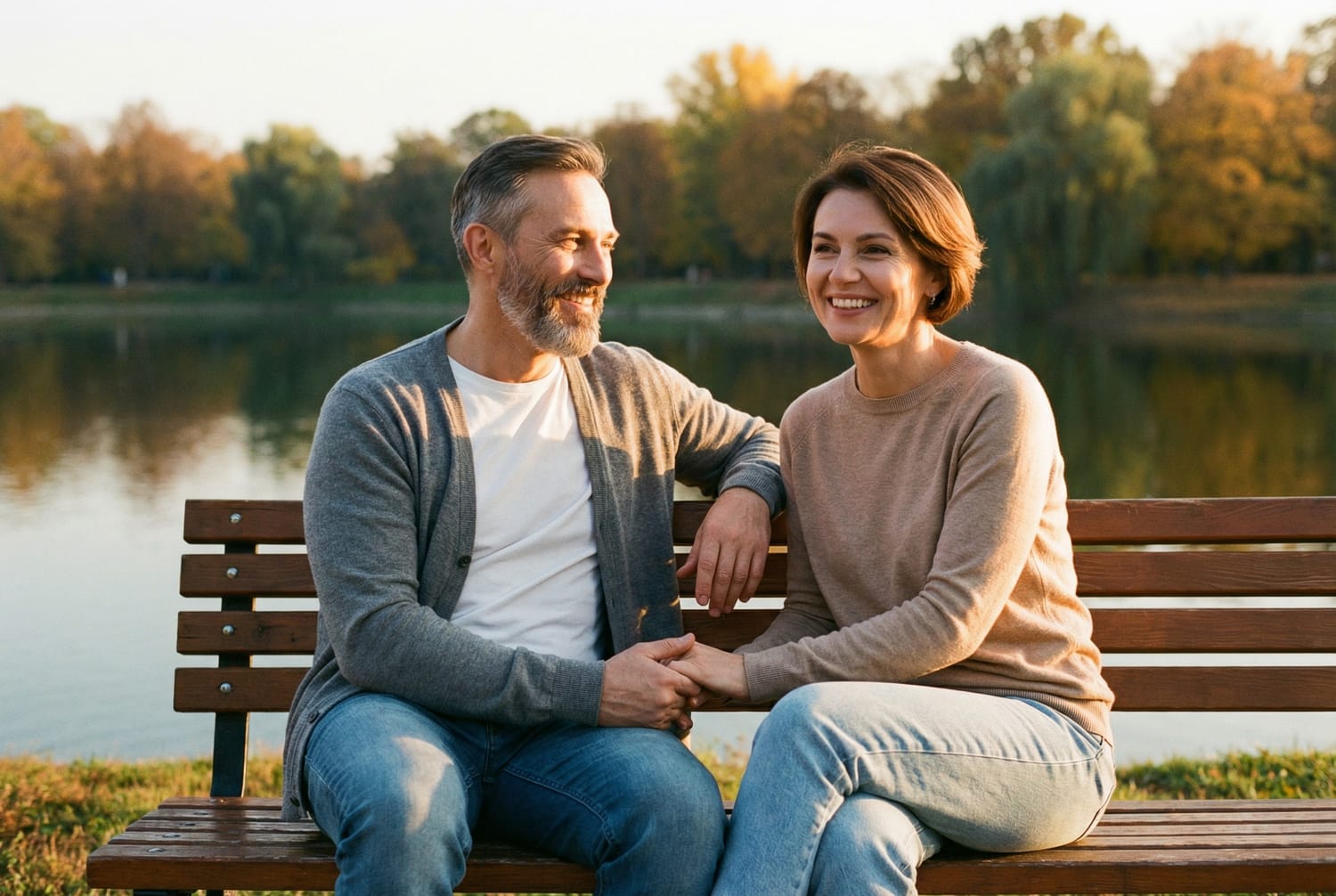 Couple âgé main dans main banc coucher soleil amour durable