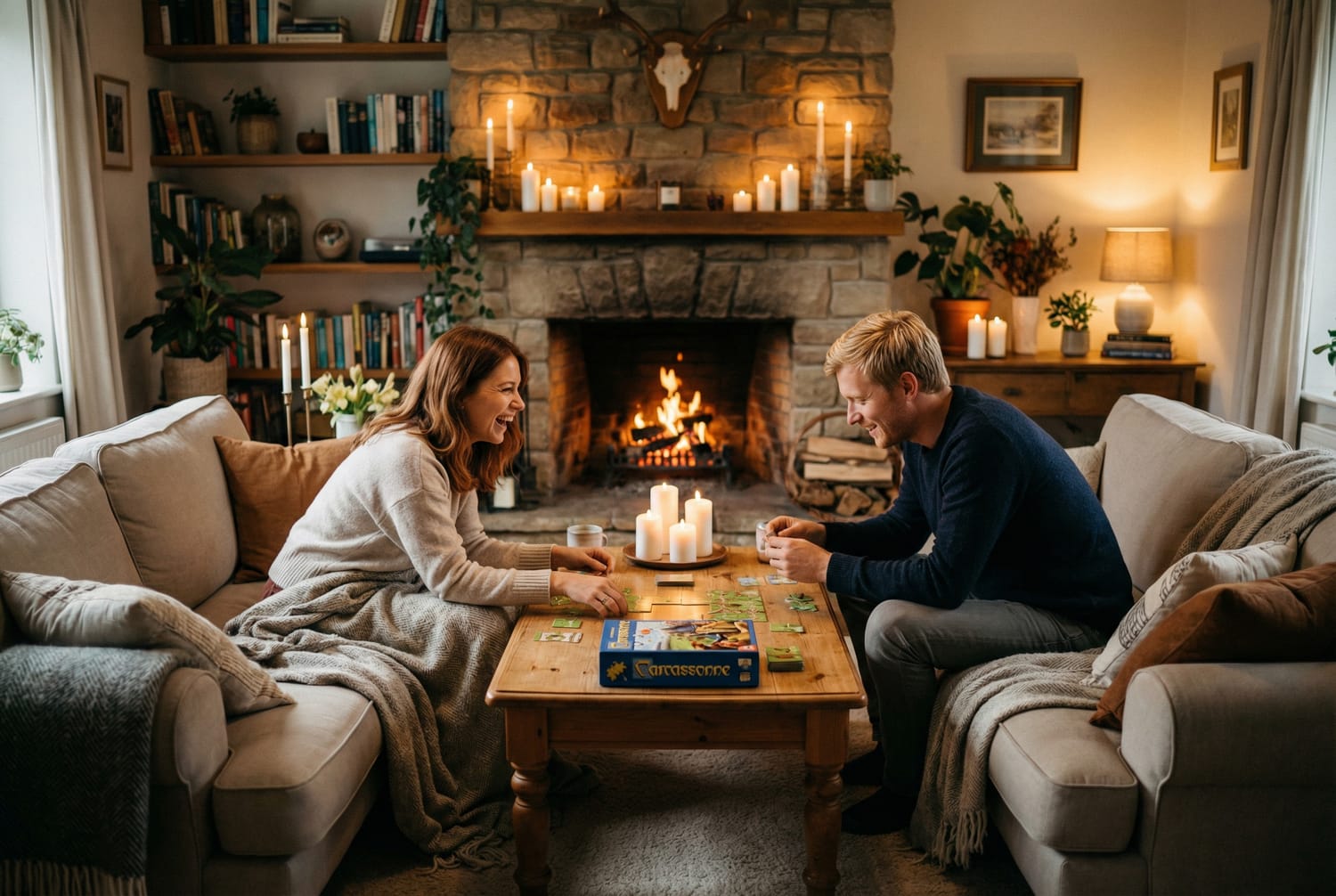 Couple jouant ensemble dans salon cosy hiver complicité bougies 