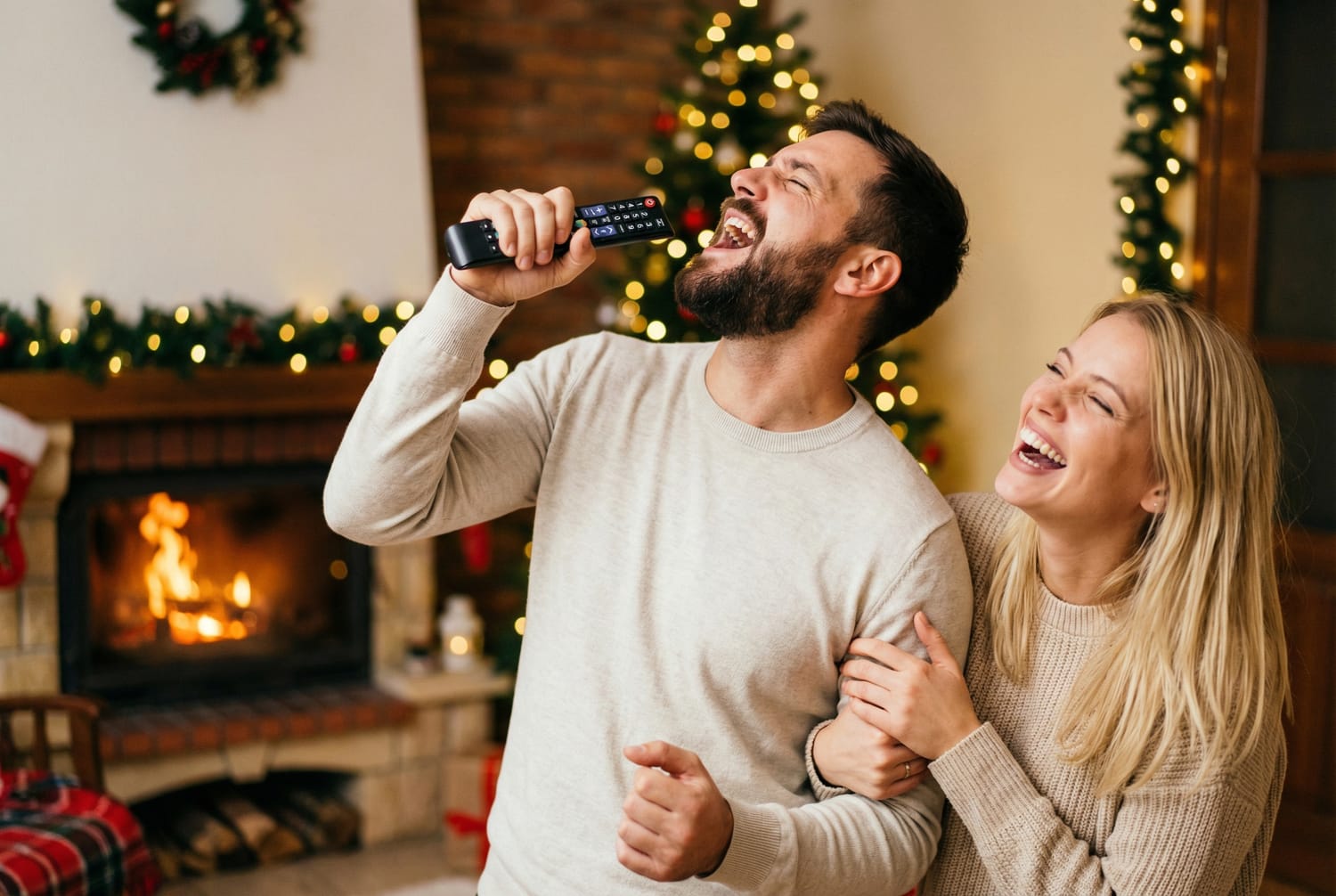Couple chante karaoké salon hiver rire complicité