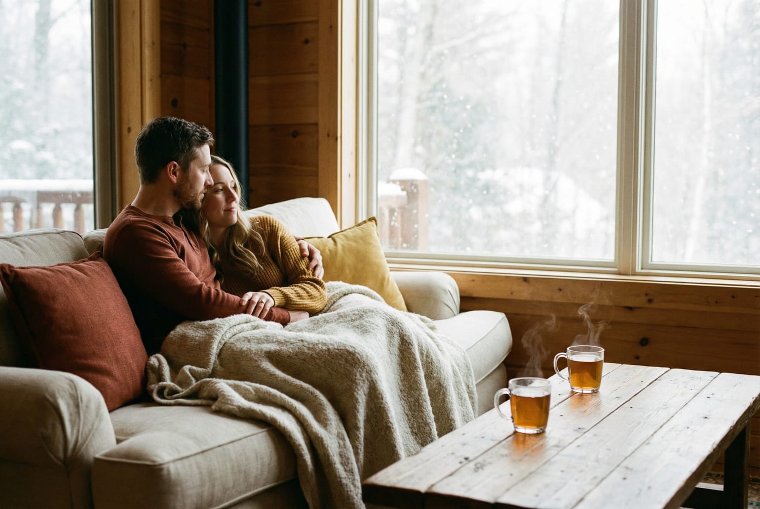 Couple enlacé canapé hiver neige fenêtre complicité paisible