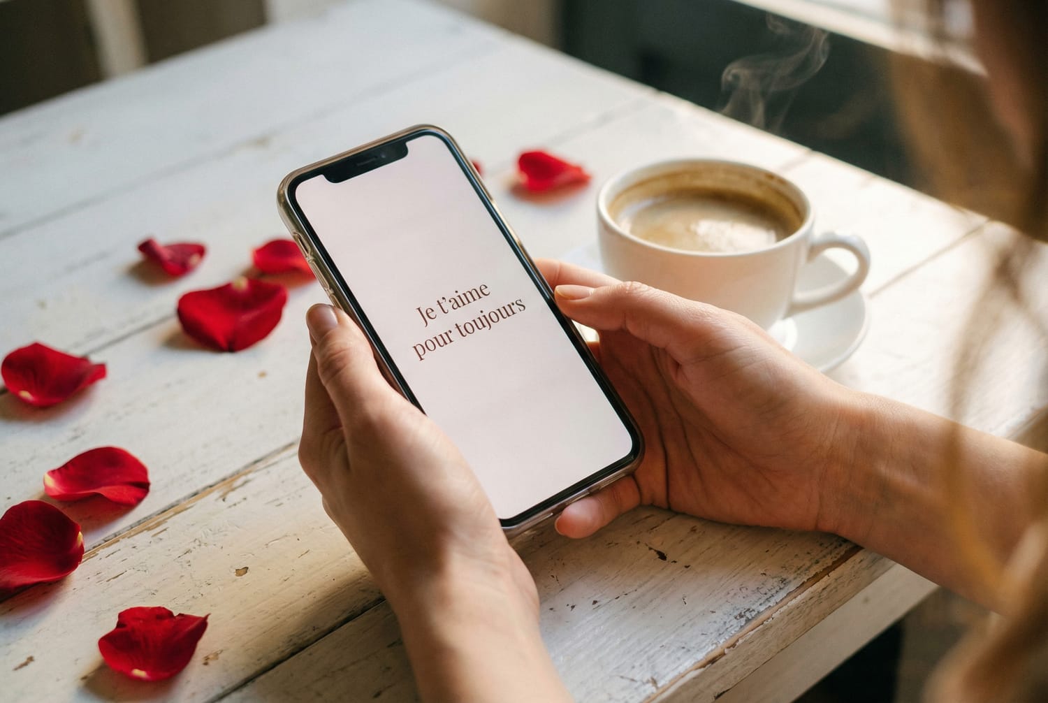 Message d'amour Saint-Valentin sur smartphone avec décoration romantique
