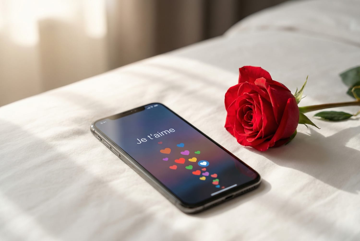 Message amour smartphone Saint-Valentin rose rouge