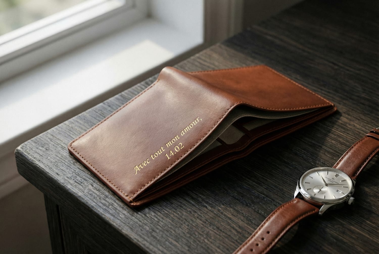 Portefeuille cuir gravé cadeau homme Saint-Valentin