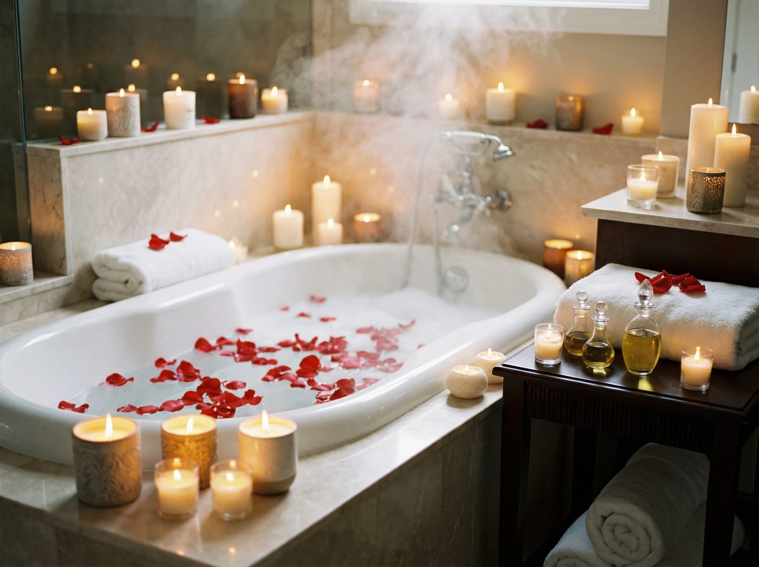 Salle de bain aménagée en spa romantique pour la Saint-Valentin avec bougies et pétales de roses