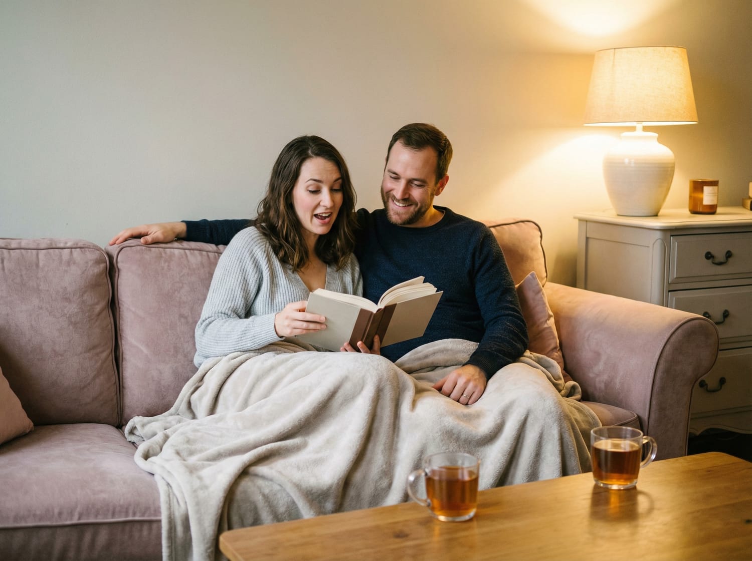 Couple partageant un moment de lecture romantique à la maison pour la Saint-Valentin