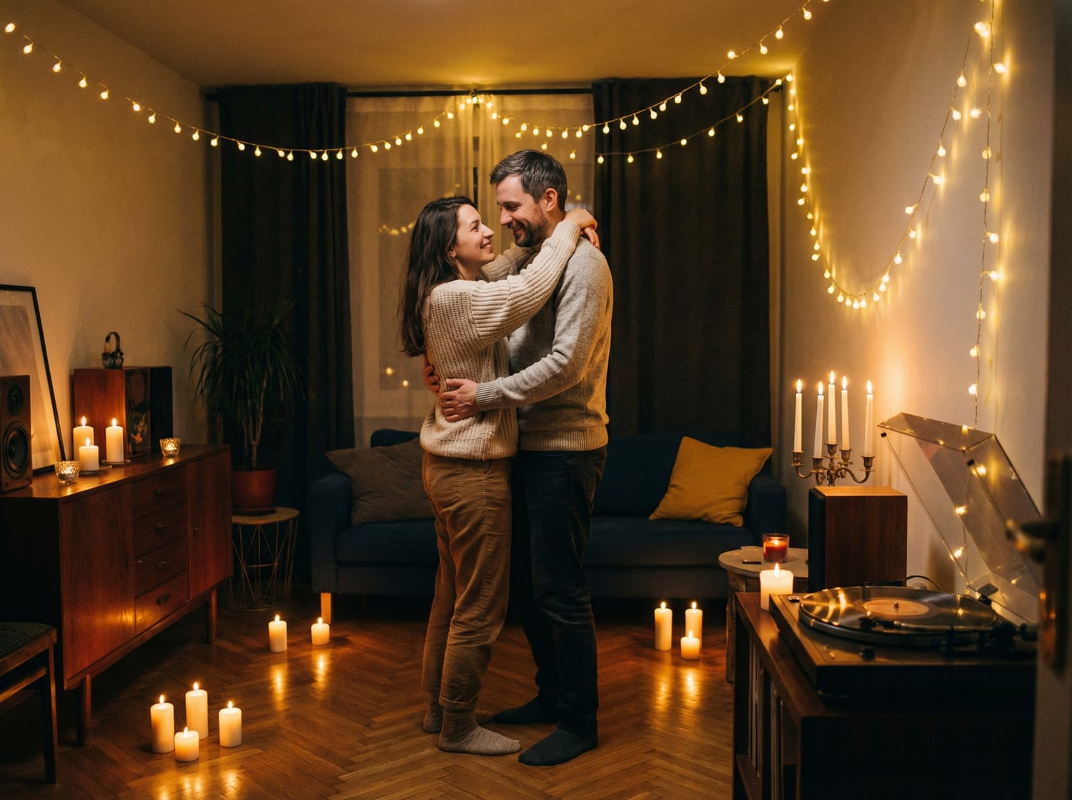 Couple dansant ensemble à la maison pour une Saint-Valentin romantique et intime