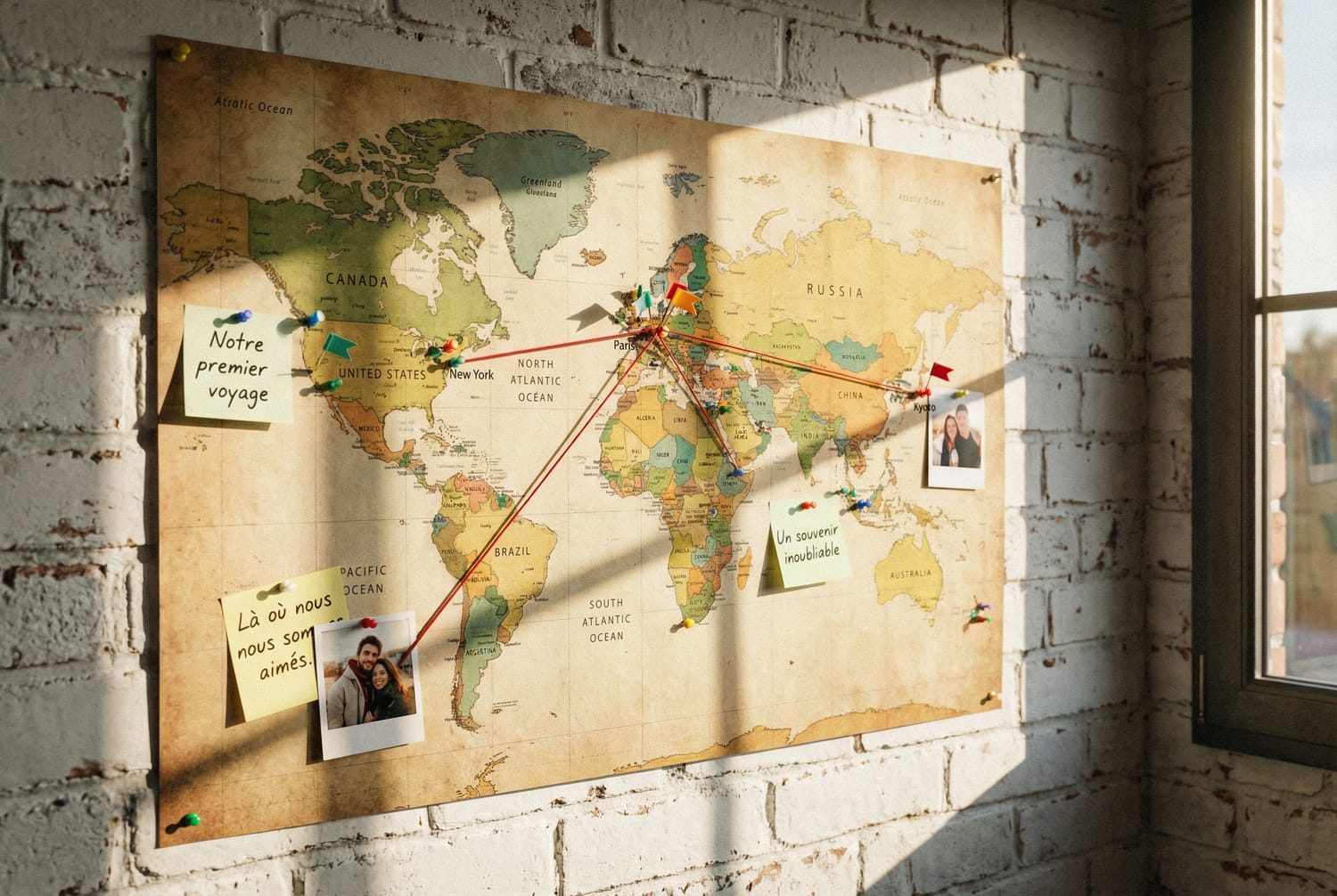 Carte du monde personnalisée DIY marquant voyages et aventures de couple Saint-Valentin