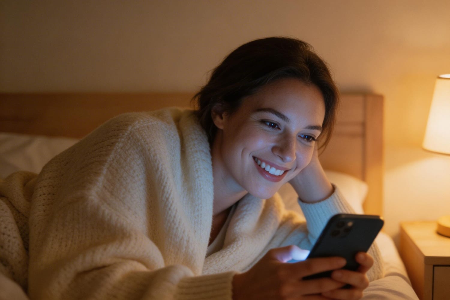  femme lit message amour bonne nuit sourire