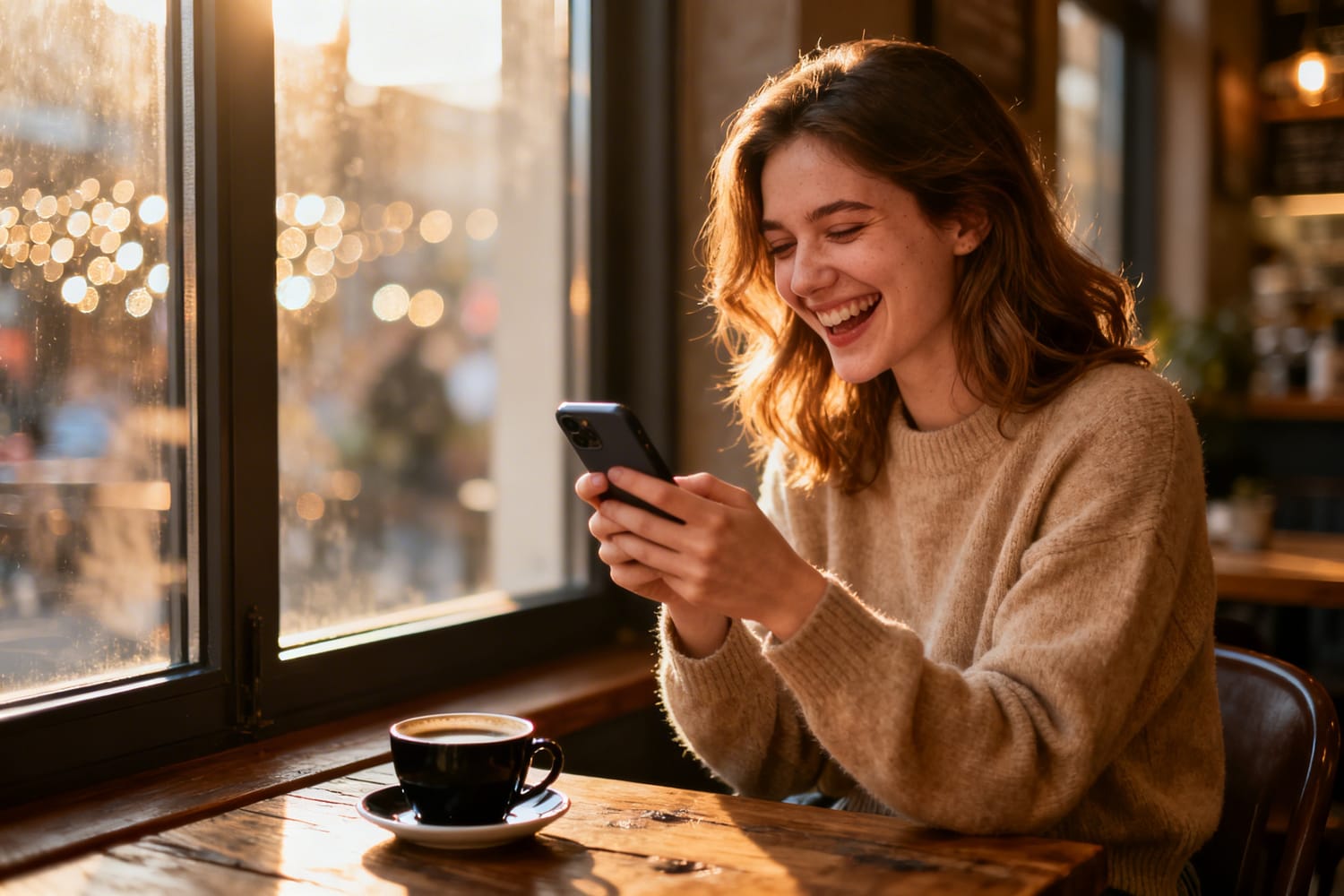 Femme souriant en lisant un message "je pense à toi" romantique sur son téléphone dans un café
