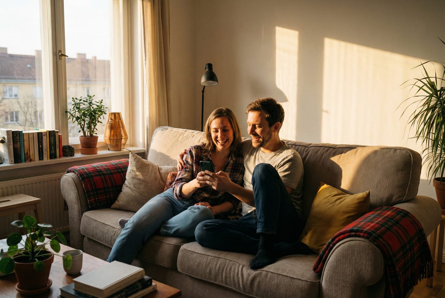 couple-echange-messages-romantiques-canape-maison