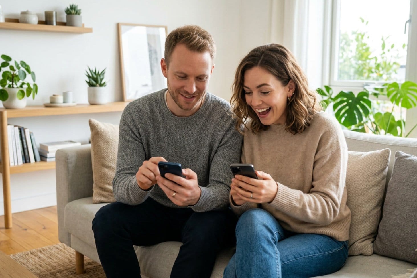 couple-echange-messages-romantiques-canape-maison