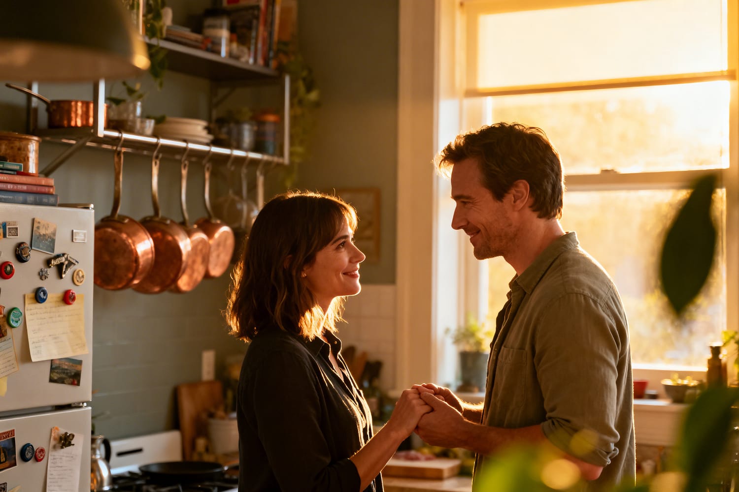 couple en réconciliation qui se tendent la main avec sincérité dans une cuisine