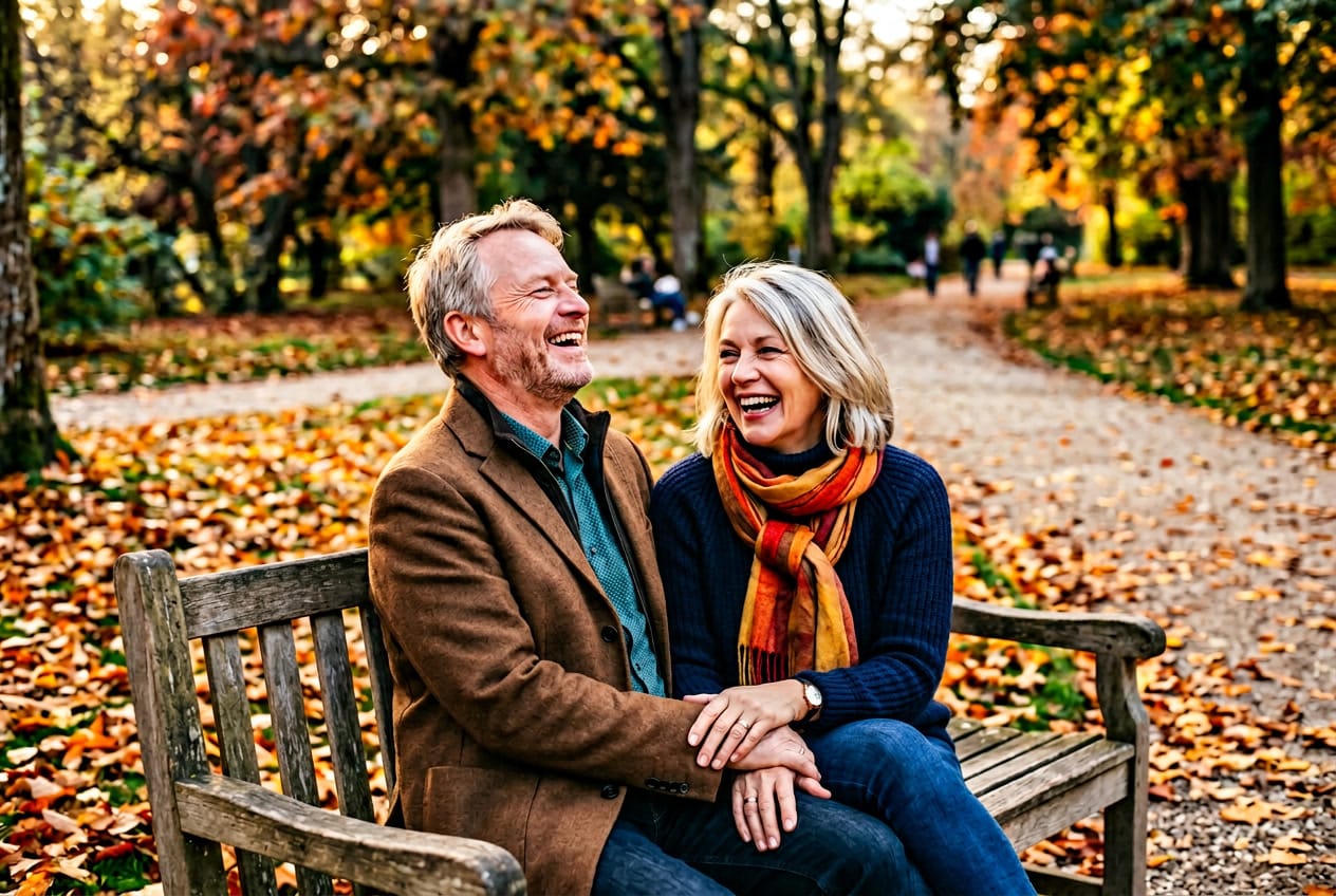 couple épanoui qui rit ensemble dans un parc en automne, mains entrelacées