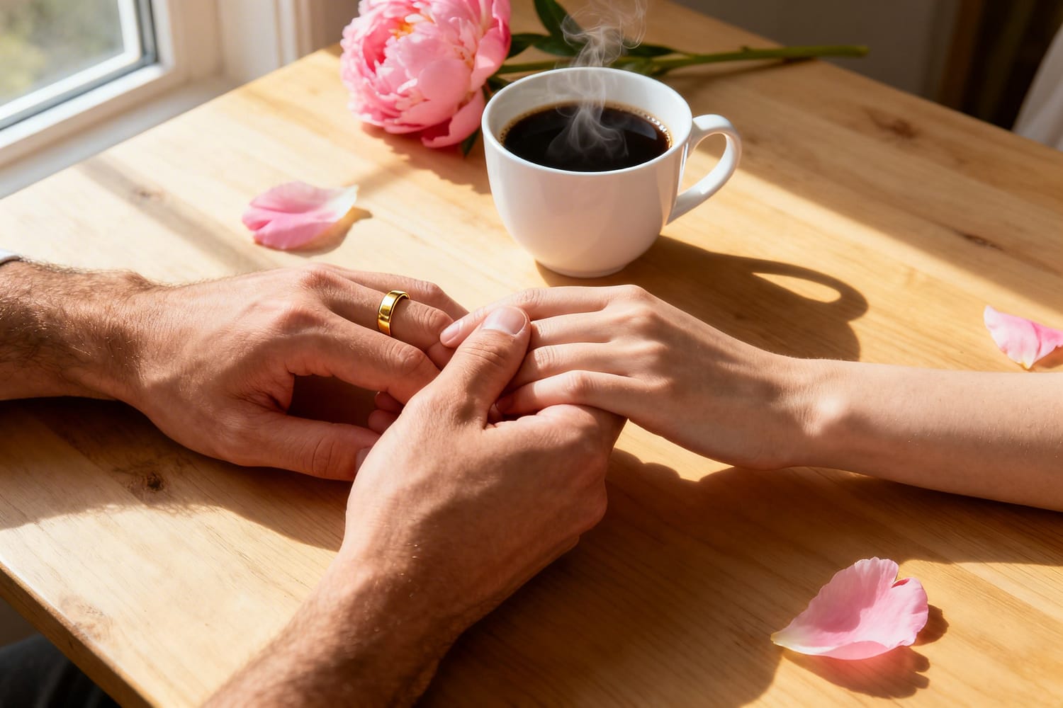 mains entrelacées de couple marié avec alliance sur table en bois et café