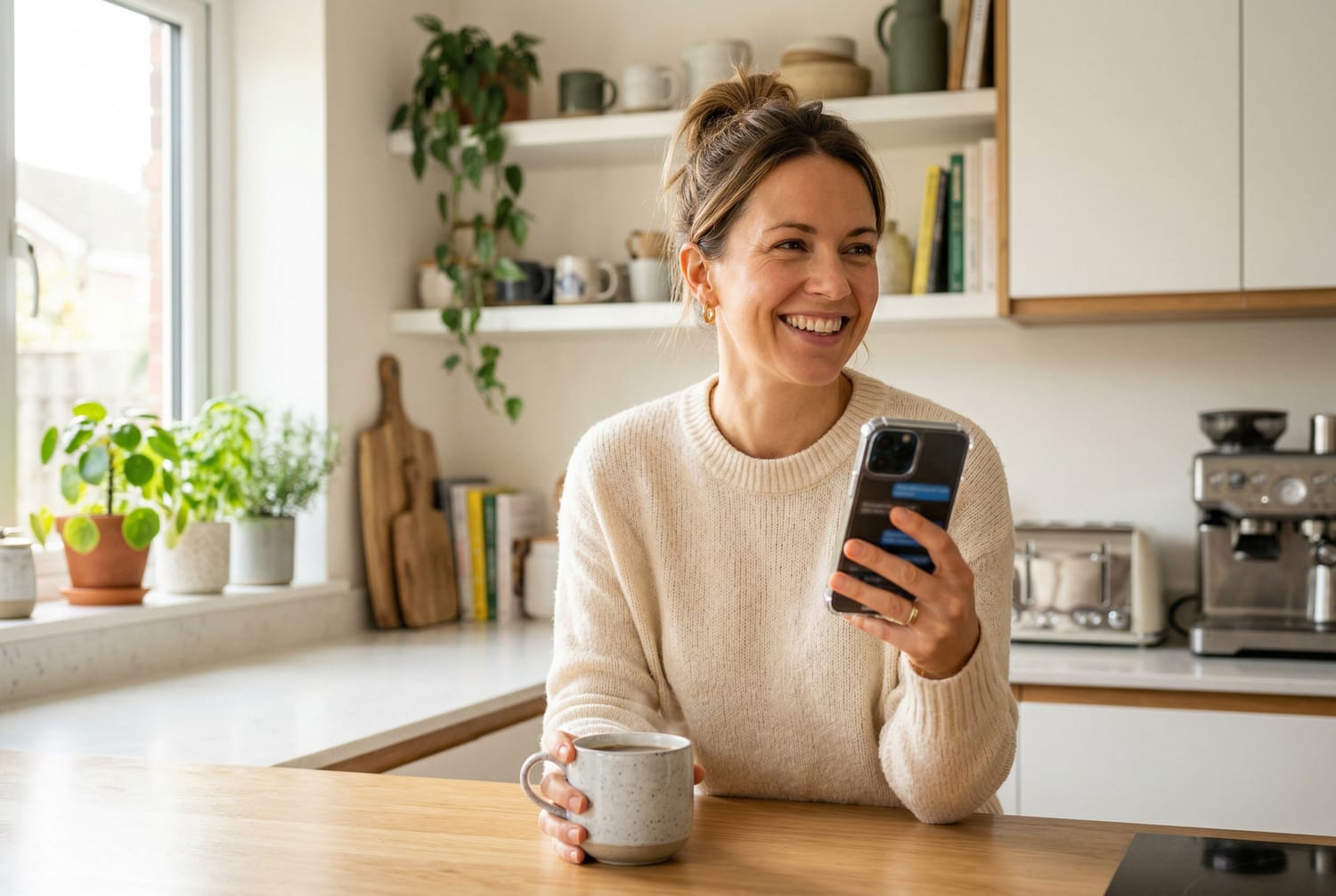 femme heureuse qui reçoit un message d'amour sur son téléphone le matin dans sa cuisine