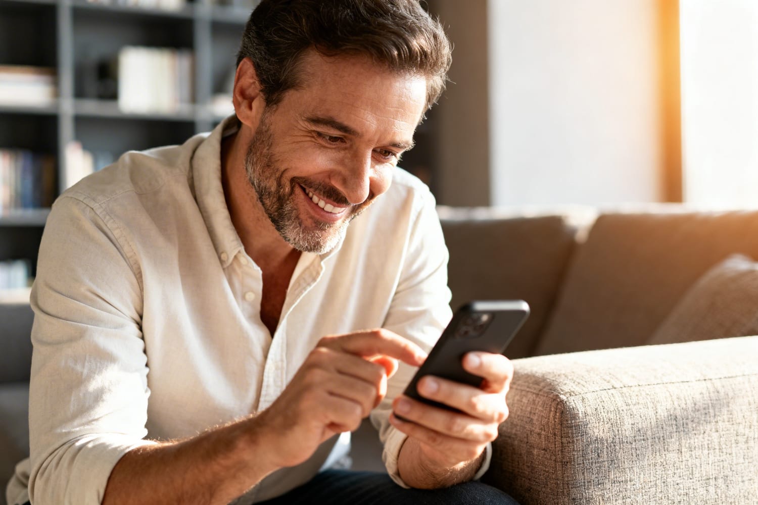 homme qui envoie un message d'amour complice sur son téléphone, désir et anticipation couple