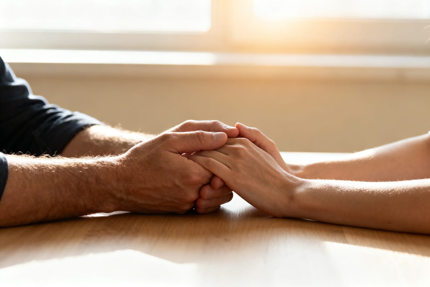 mains enlacées de deux partenaires qui se réconcilient après une dispute