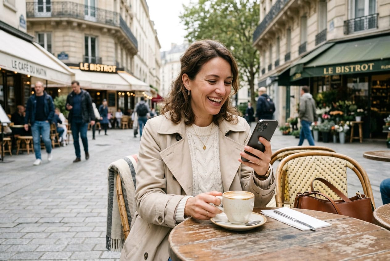 Femme souriant à son téléphone après avoir reçu un message d'amour à distance