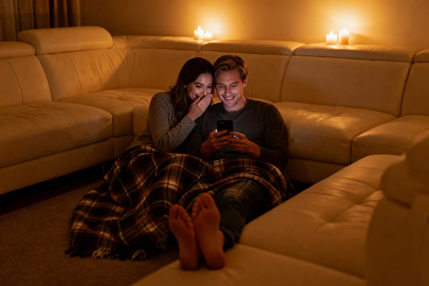 Couple complice consultant ensemble des messages d'amour sur leur téléphone