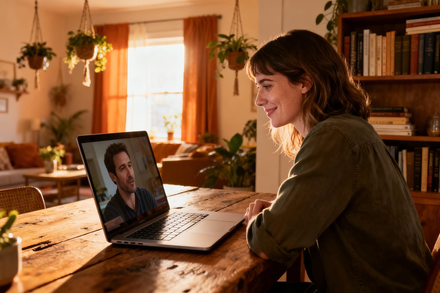 Couple en appel vidéo partageant un moment de connexion émotionnelle profonde à distance