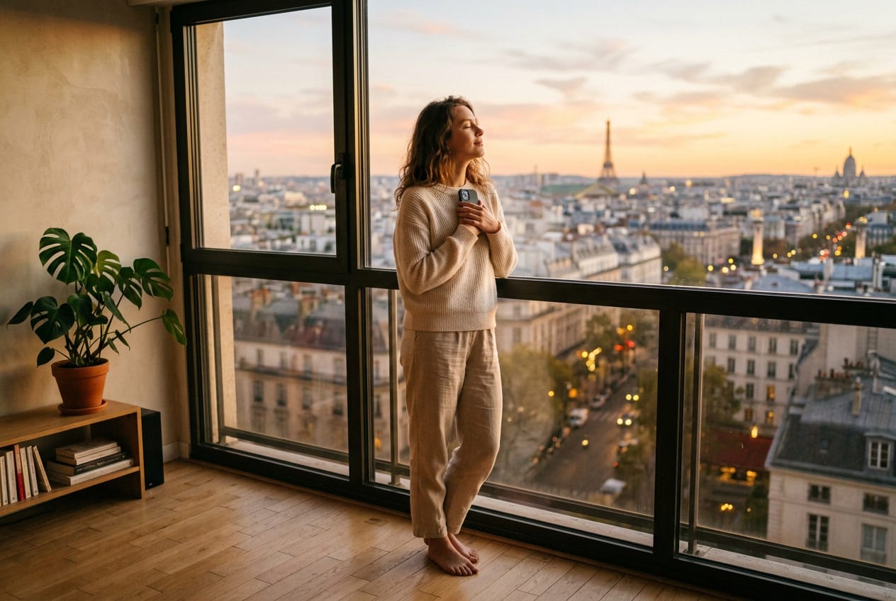 Femme rêveuse regardant par la fenêtre en pensant à son partenaire à distance
