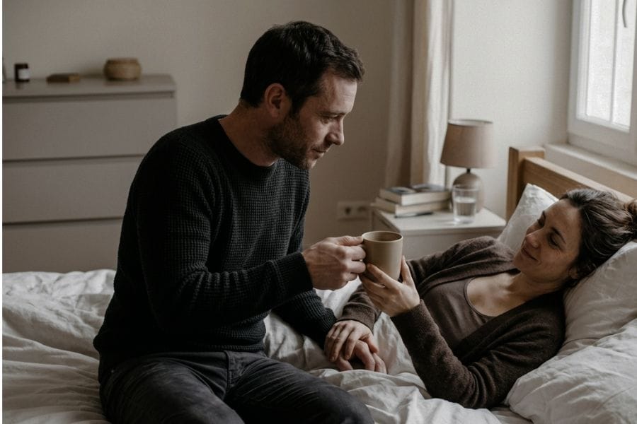 partenaire prend soin de sa femme malade fatiguée amour couple