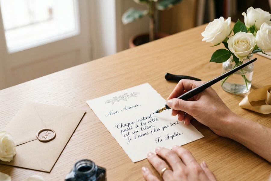 Écriture d'un message d'anniversaire romantique à la main sur une carte d'amour