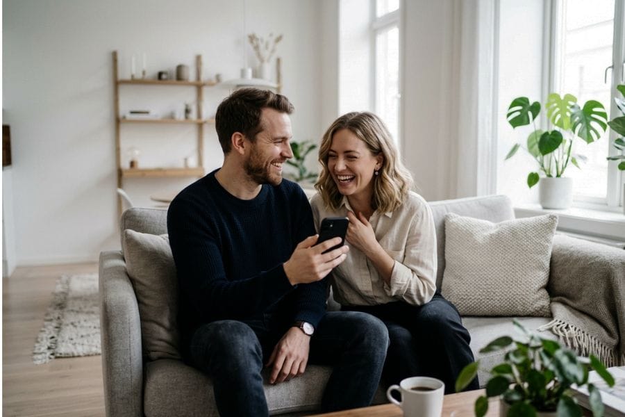 Couple complice lisant un message d'amour sur smartphone ensemble à la maison