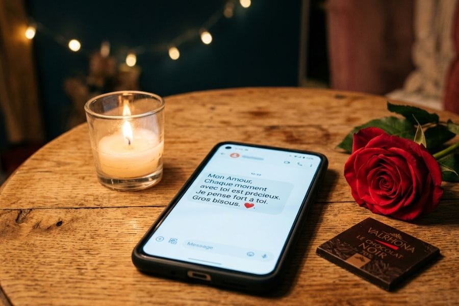 Smartphone avec message d'amour d'anniversaire affiché, entouré de rose et de bougie