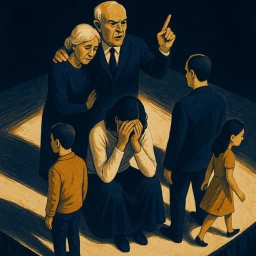<img src="famille-aigrie.jpg" alt="une famille autoritaire et silencieuse entoure une femme en détresse, symbolisant le poids du silence familial et de la prison dorée des hommes HPI" />