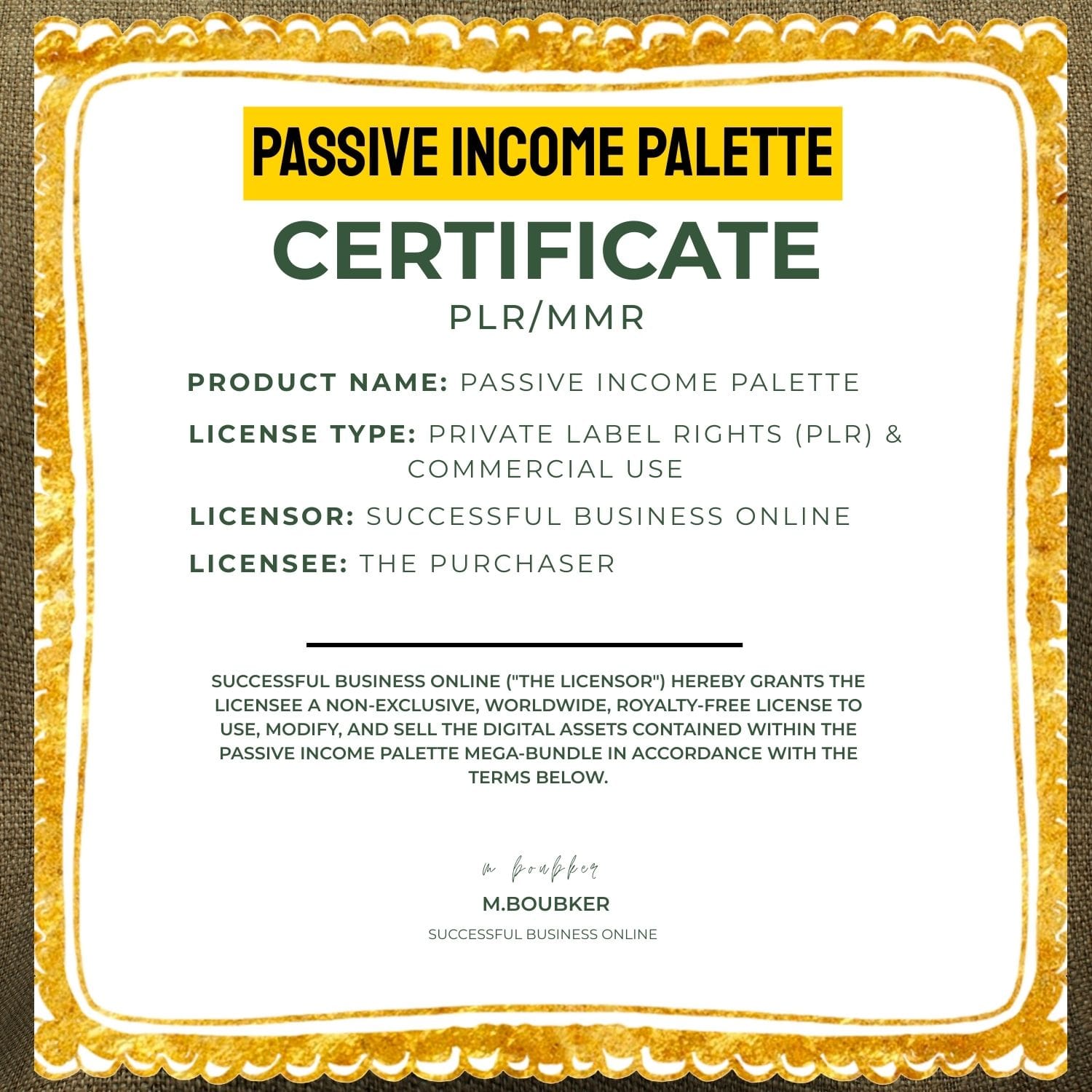 Official Master Resell Rights (MRR) and Private Label Rights (PLR) commercial license seal allowing buyers to resell these digital assets.
