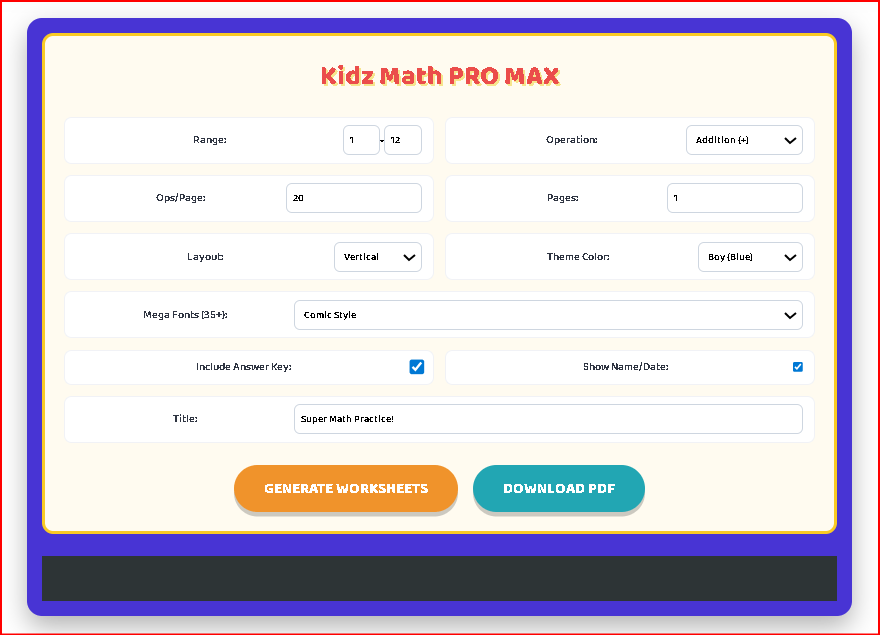 Kidz Math Printables PRO MAX Tool