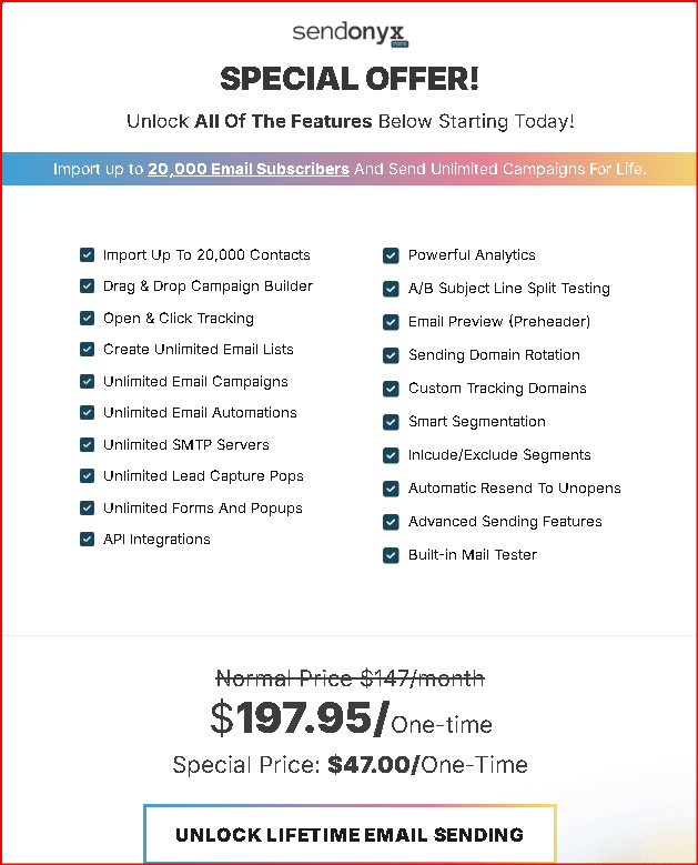 Sendonyx 2.0 Pricing Options and Funnel