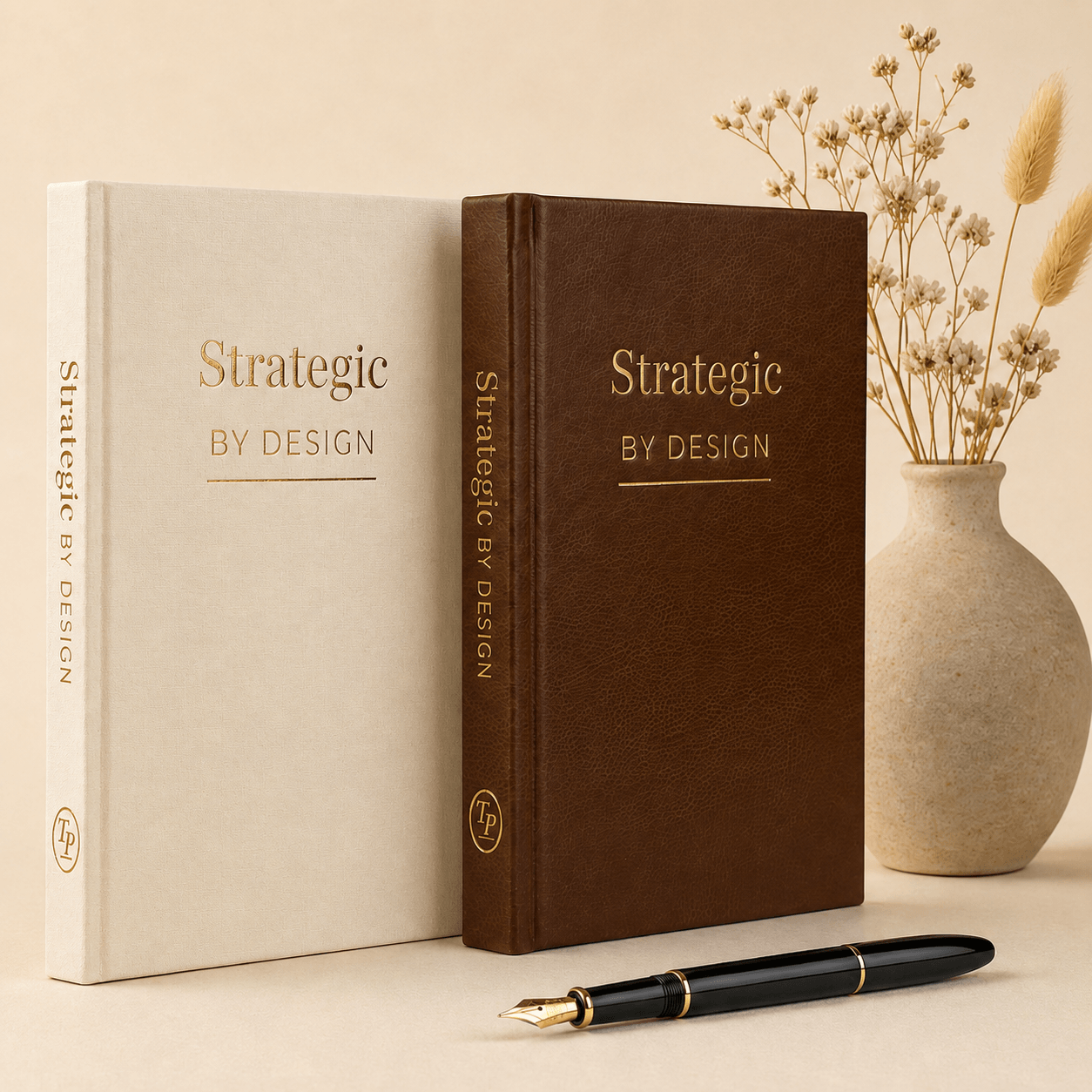 Strategic by Design planner in beige linen and brown leather, both covers shown