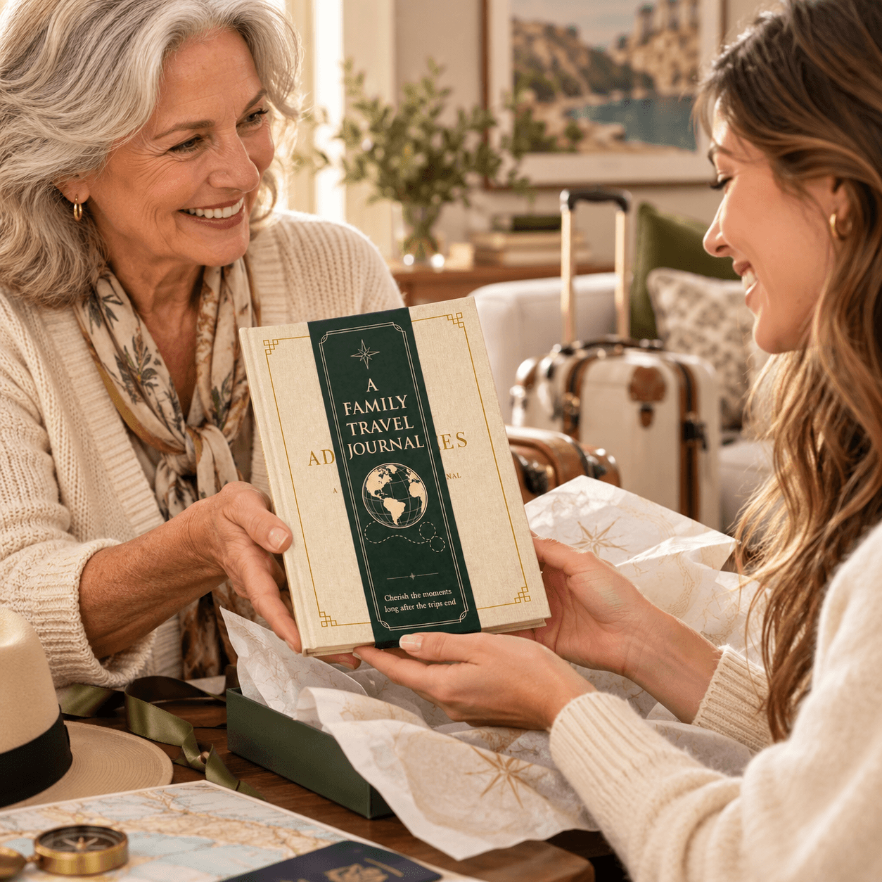 A grandmother giving the Our Family Adventures travel journal as a gift