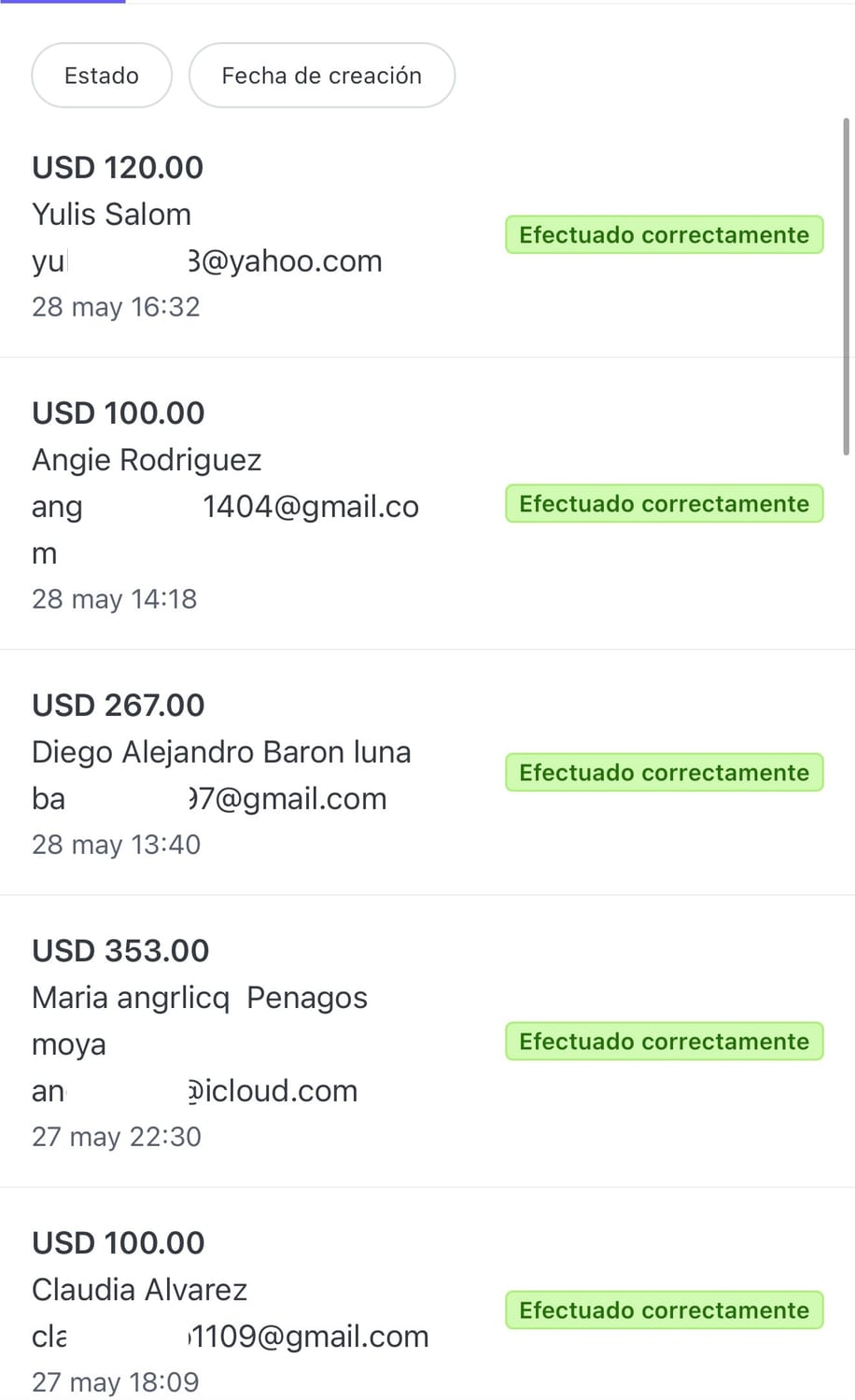 Pagos confirmados reales