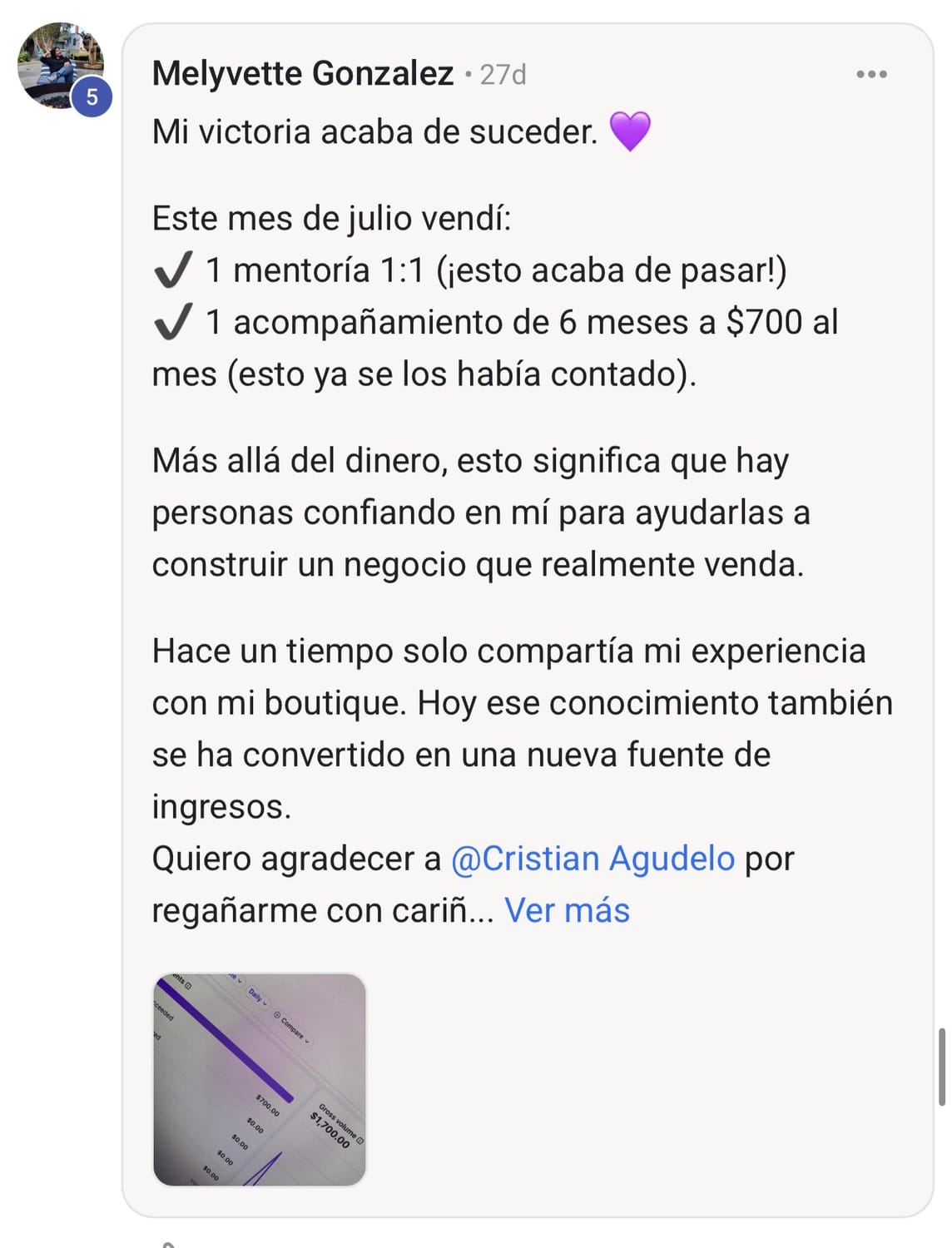 Mensaje de una estudiante de Atajo al Éxito contando su resultado
