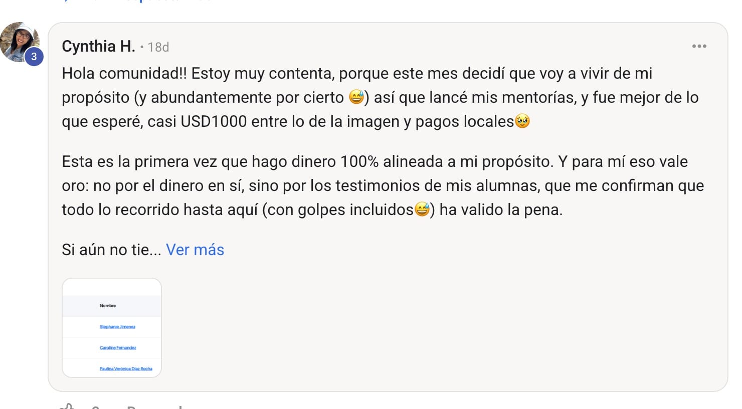 Mensaje de una estudiante contando su resultado