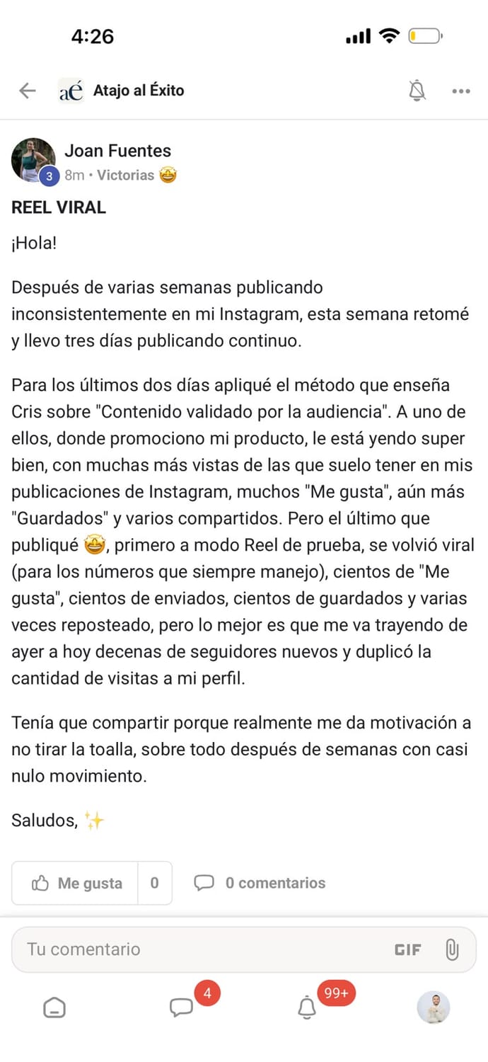 Mensaje de una estudiante contando su resultado