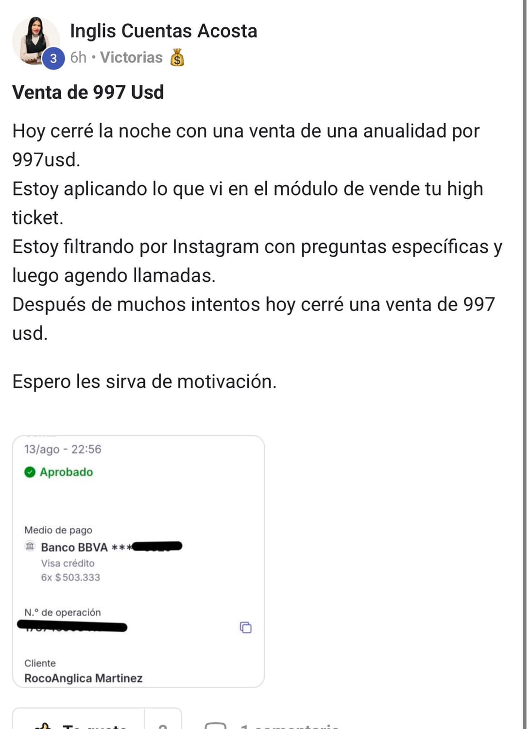 Mensaje de una estudiante contando su resultado