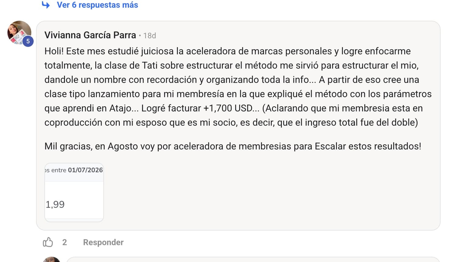 Mensaje de una estudiante contando su resultado