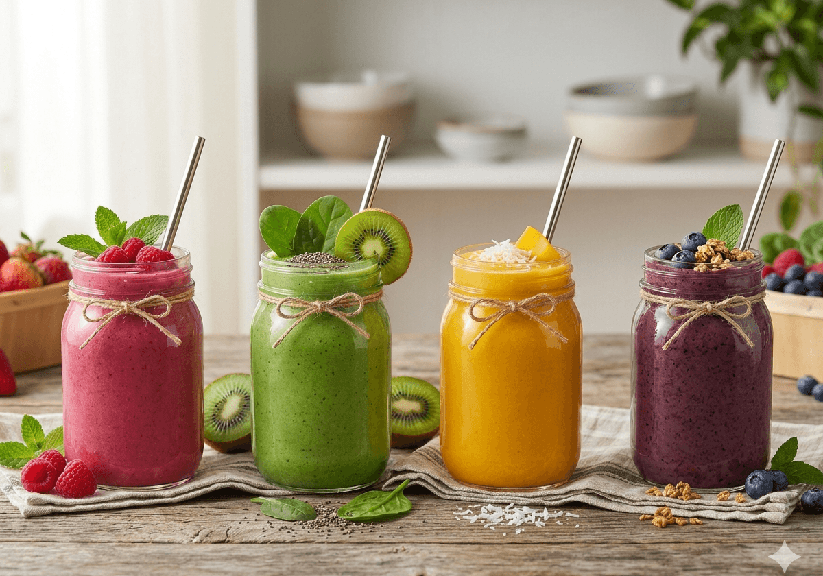 Four colorful mason jars filled with different fruit and vegetable shakes, showing a variety of detox smoothies for weight loss
