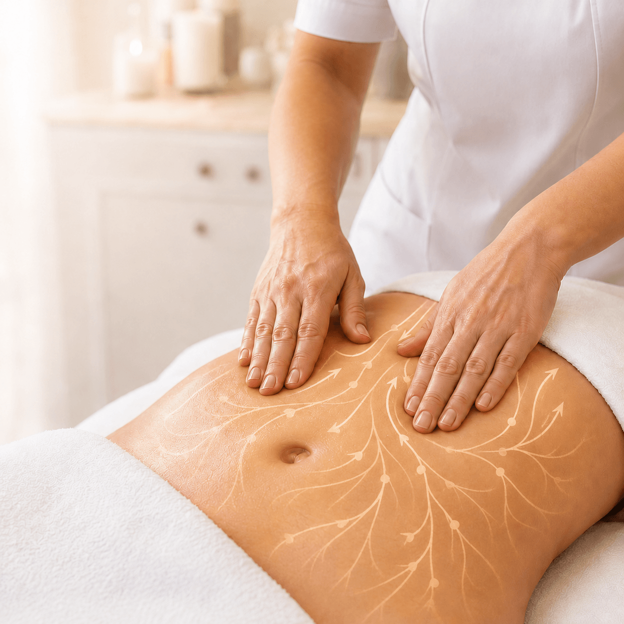 Esteticista realizando drenaje linfático a una paciente