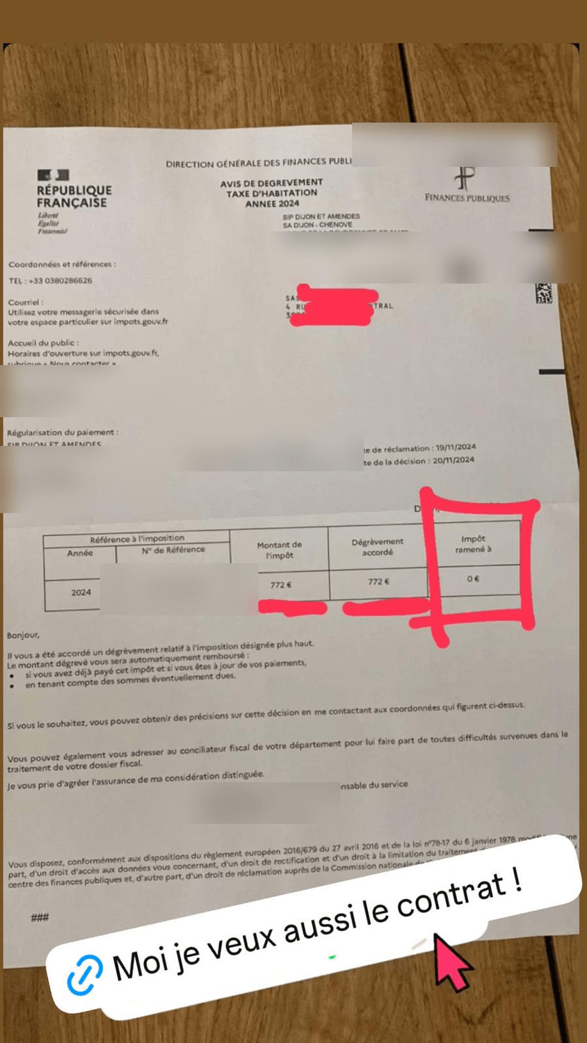 Avis de degrevement de taxe d'habitation, impot ramene a zero euro