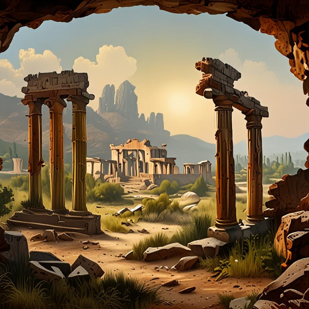 landscape painting with ancient ruins