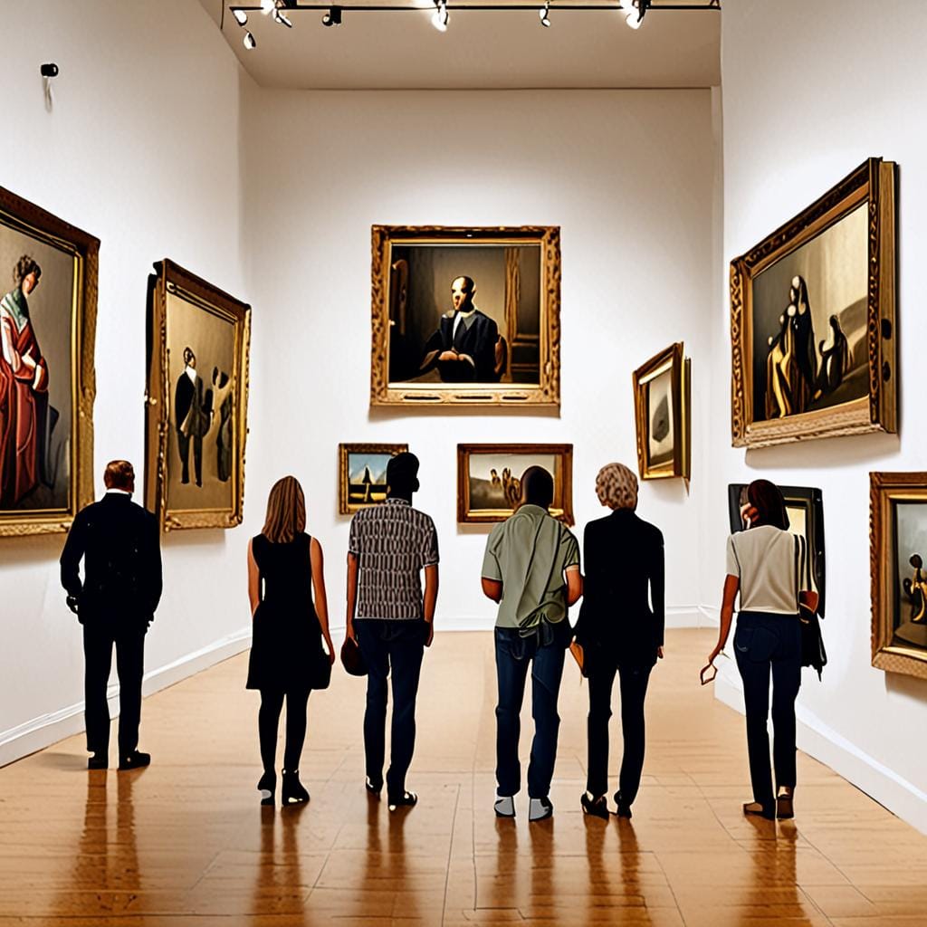 museum visitors walking through art gallery
