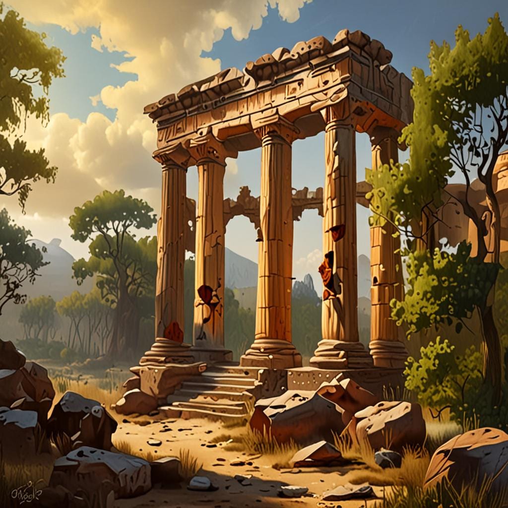 landscape painting with ancient ruins