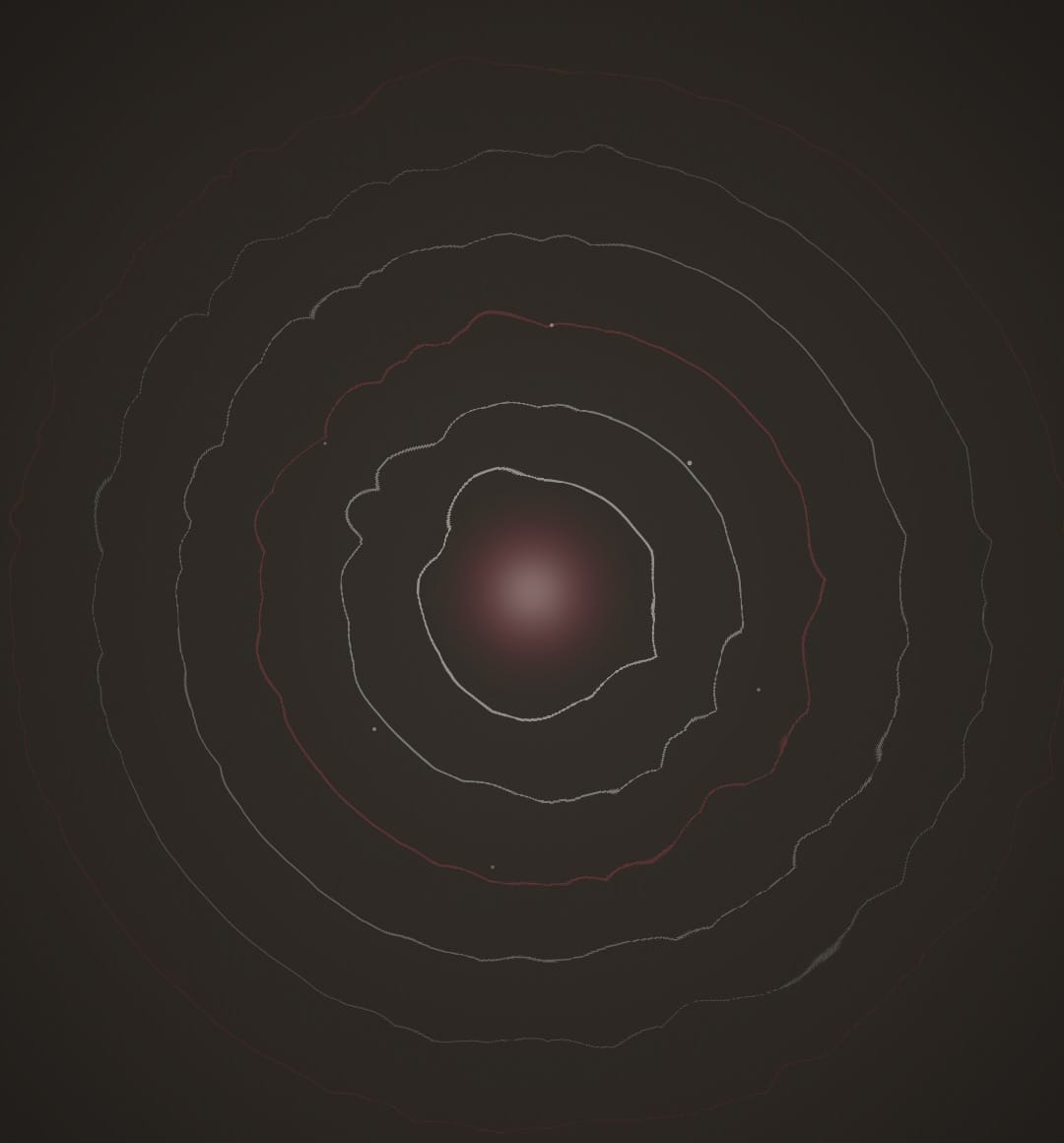 Concentric hand-drawn field rings radiating from a soft rose glow on dark velvet