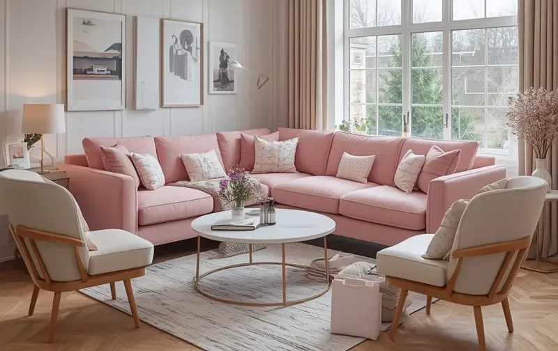 A cosy lounge with a pink corner couch, white armchairs and a pot of tea