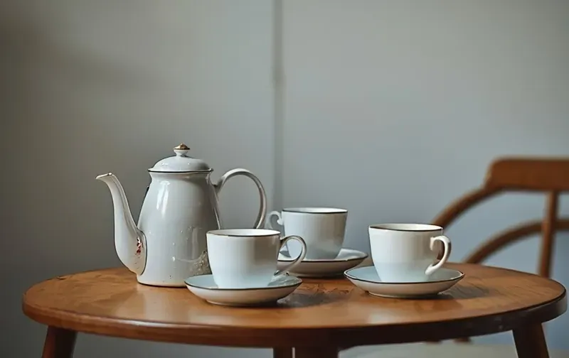 A pot of tea and cups on a round table